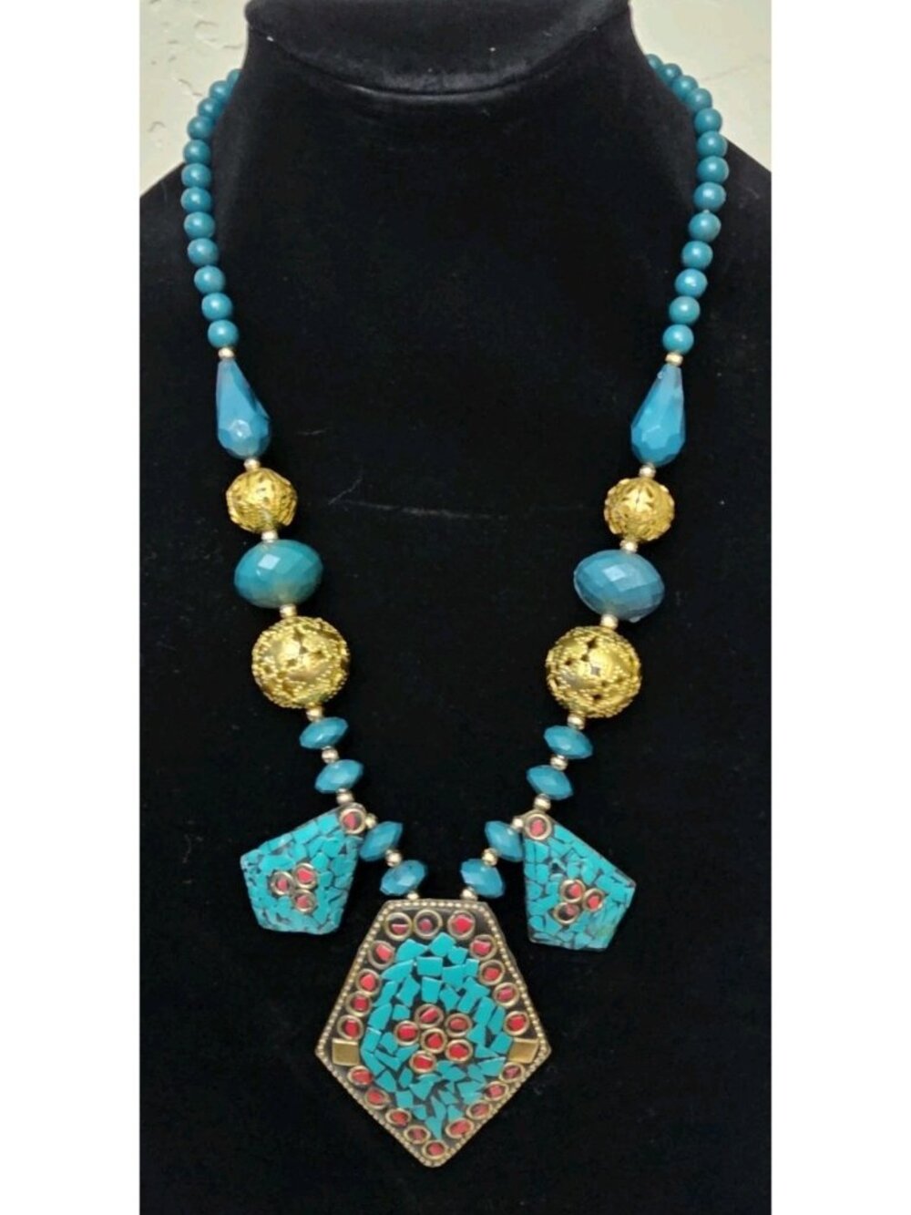 Turquoise Mosaic Statement Necklace Red Inlay Gold Tone Boho Tribal Bib Pendant